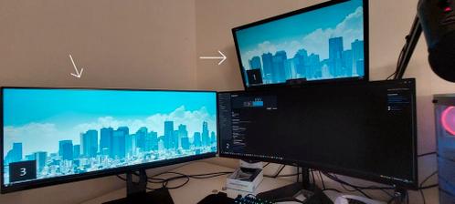 2 Monitors en monitorarm 34quot WQHD, 24quot FHD