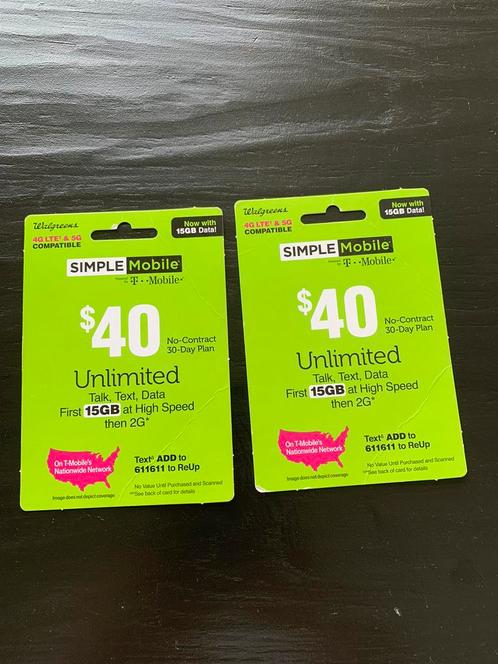 2x T-Mobile 40 USA, no contract 30 day plan, unlimited