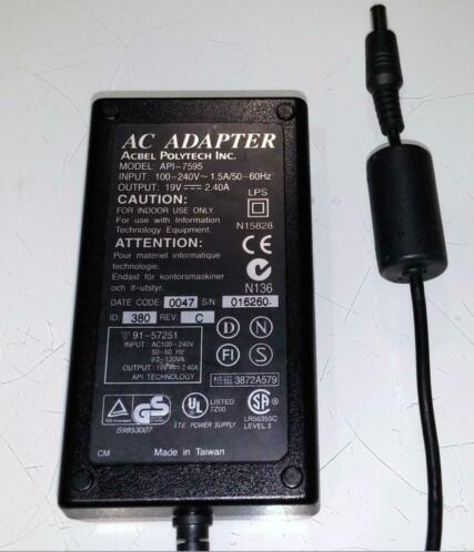 AcBel API-7595 19V 2.37A 45W Adapter Toshiba 5.5x2.5mm 2.4A