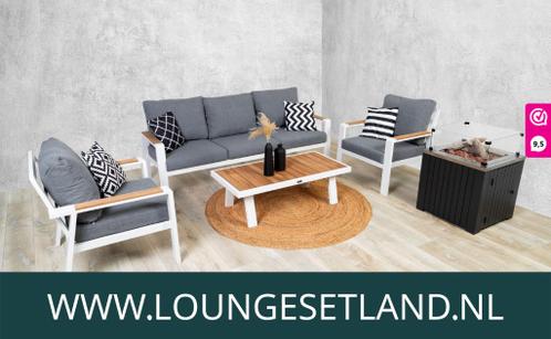 Aluminium loungeset met teakhouten leuningen - Wit