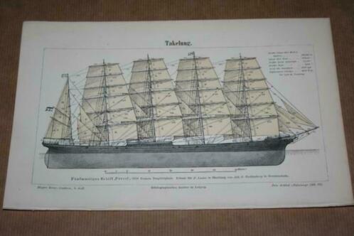 Antieke prent - Tuigage bij zeilschepen - Circa 1895 