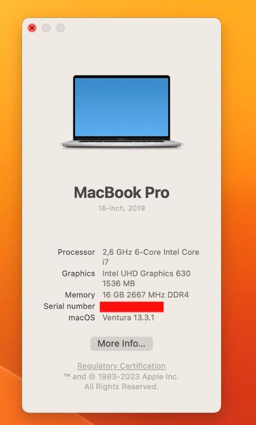 Apple Macbook Pro 2019 - 16 inch, i7 2.6, 16G DDR4, 512G HDD