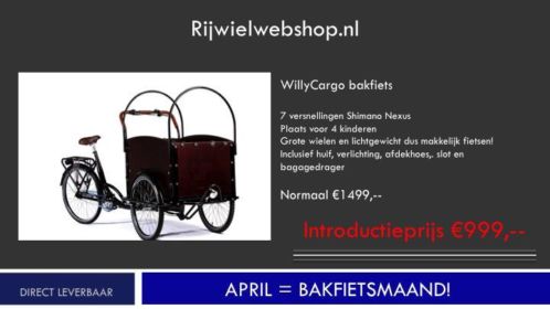 AprilBakfietsmaand bij Rijwielwebshop. Vanaf 999,- NIEUW