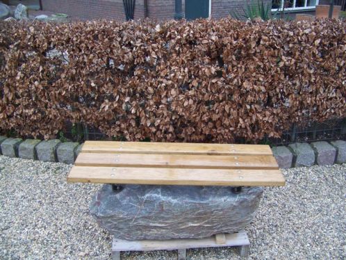 Bankje van natuursteen met houten zitting