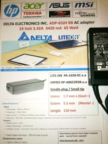 Delta ADP-65JH BB 19V 3.42A 65W Acer HP HIPRO LiteOn Adapter