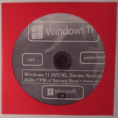 DVD Windows 11, Zonder Restricties. CPU4GBTPMSecure Boot