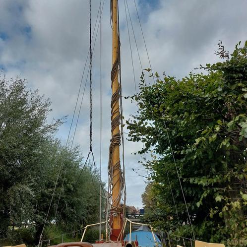 Houten mast met zeilen( bruin) en toebehoren. Zeilboot