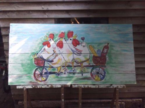 Houten tuinschilderij 039039les trois poules en tourne039039.