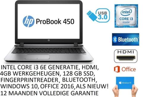 HP 450 G3, 128GB SSD, i3 6e generatie, 4GB, Office, USB 3.0