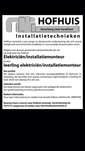 Installatiemonteur en electricien gevraagd