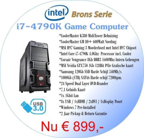 Intel Core i7-4790K Game Computer nu slechts  899,- Incl.
