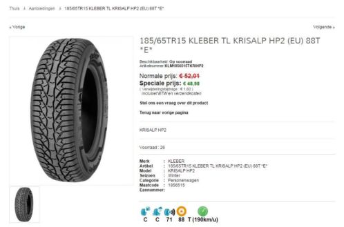 Kleber TL Krisalp HP2 (EU) 88TE 18565TR15 slechts 48,98