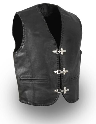 leren biker vest met gevlochten leer afgewerkt