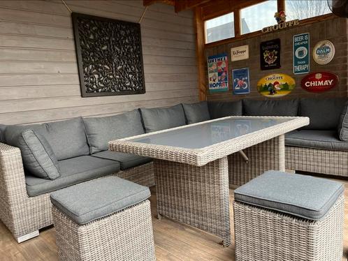 Lounge set, inclusief tafel en twee hockers (wicker, grijs)