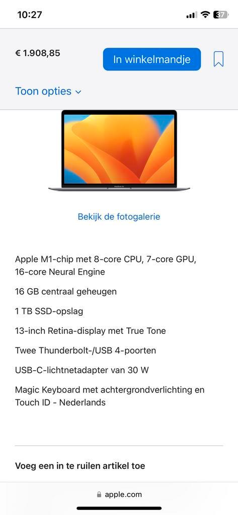 MacBook Air 13 M1 16GB 1TB Flash SSD ZGAN incl. oplader