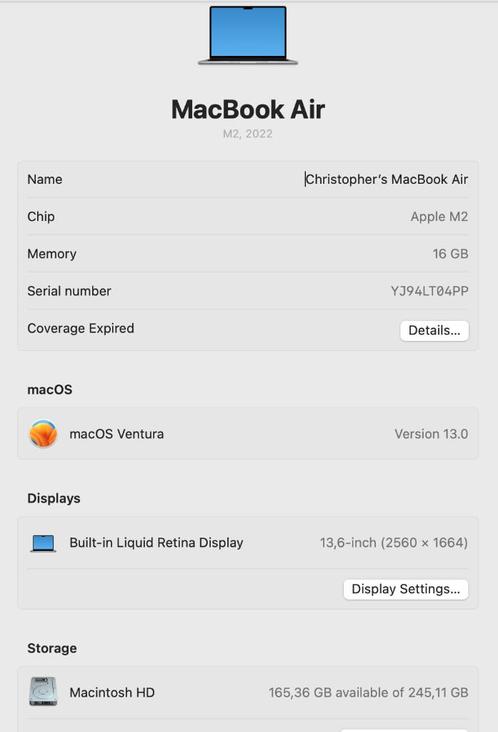 Macbook Air 2022 M2 16GB 256GB