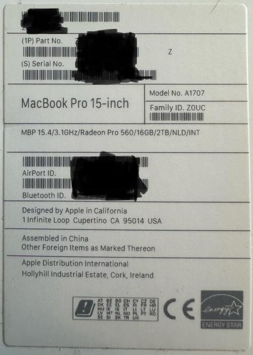 macbook pro 2017 15,4 inch i7 3,1Ghz Radeon Pro 560 16GB 2TB
