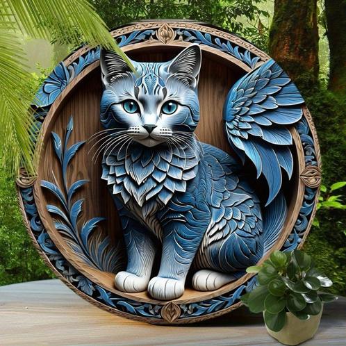 Metalen bord decoratie Blauwe Kat (20x20cm)