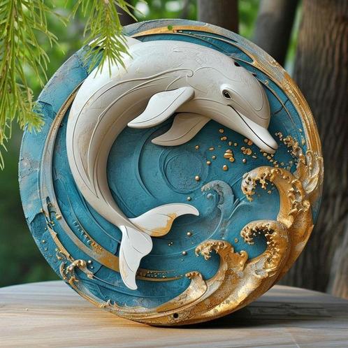 Metalen bord decoratie Dolfijn (20x20cm)