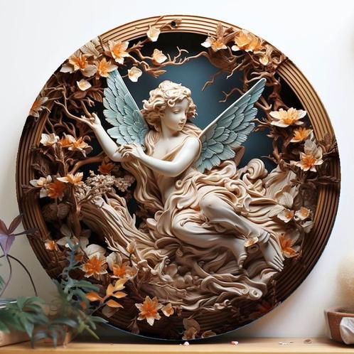 Metalen bord decoratie Engel met bloemen (20x20cm)