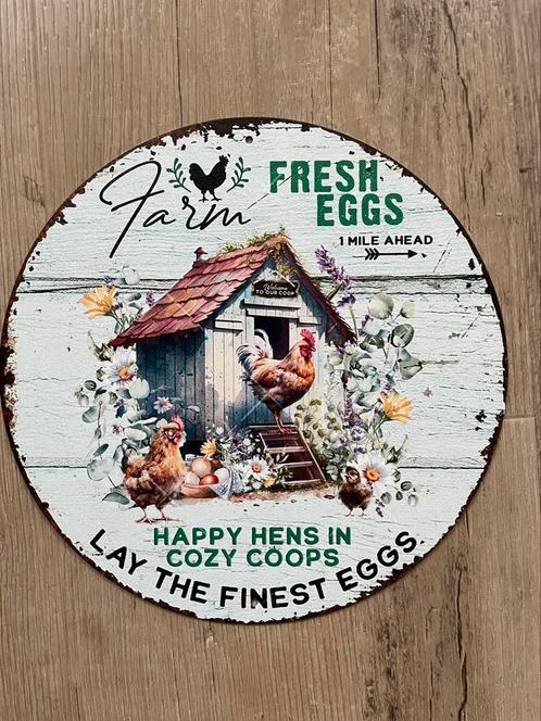 Metalen wandbord rond fresh eggs  nieuw