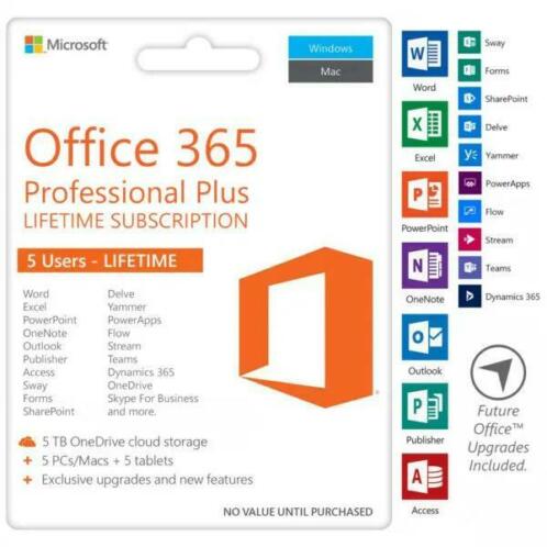 Microsoft Office 365  Levenslang  5TB Onedrive 