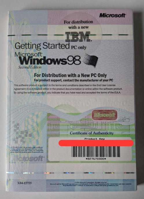 Microsoft Windows 98 n Windows 95 product key -  boekje
