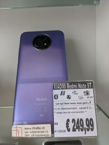 NIEUW  Xiaomi Redmi Note 9T - 128GB  5G Violet  249,99