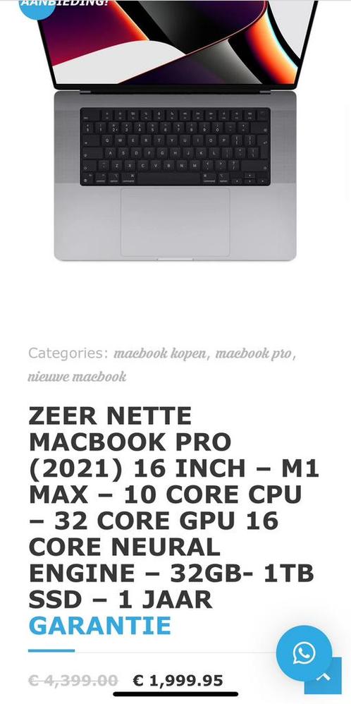 Nieuwe MacBook Pro 2021 16x27 M1 Max 32GB 1TB Apple garantie