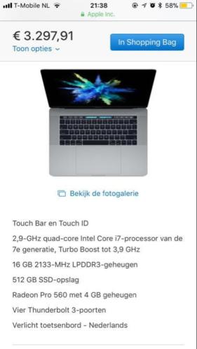 Nieuwstaat macbook pro 2017 2.9ghz 16gb 512gb spacegrey