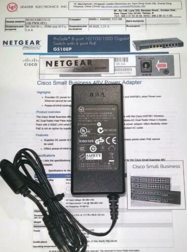 NU60-F480125-I1 48V Adapter Netgear Prosafe GS108PE Switch