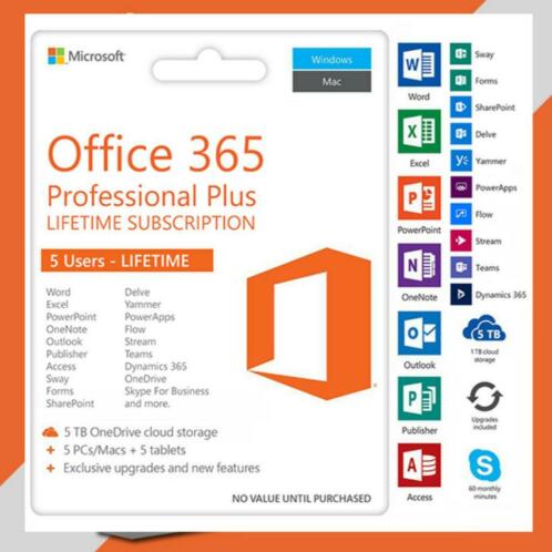 Office 365 levenslang 5 gebruikers  PC en MAC