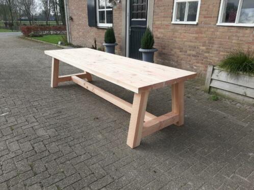 Op voorraad stoer dik blad met A poten tuintafel 295x97x7