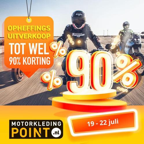 Opheffingsuitverkoop, korting op motorjeans 19 tm 22 juli