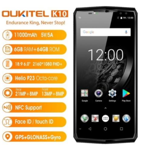 OUKITEL K10 6.0034 met 11.000mAh batterij. Android 7.1 Octa