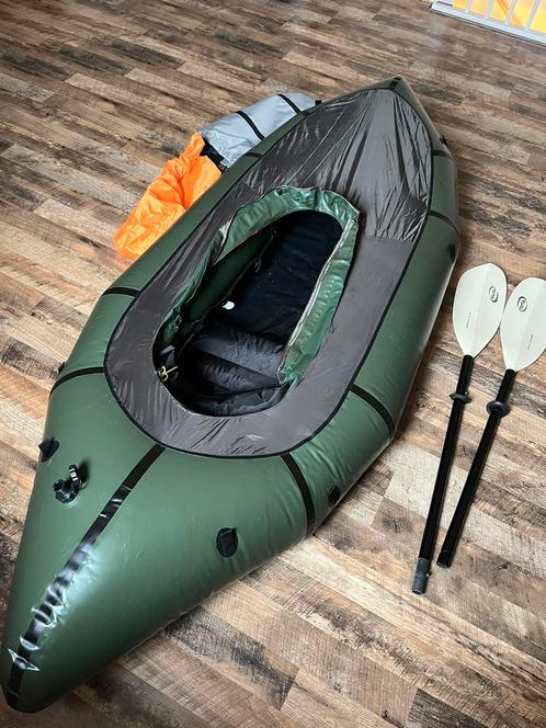 Packraft leger groen met afdekzeil en fiberglass pedel