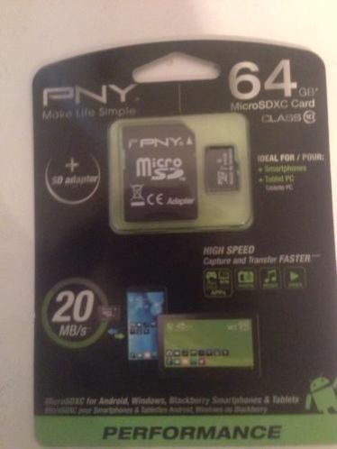 PNY 64gb micro sd kaart met adapter classe 10