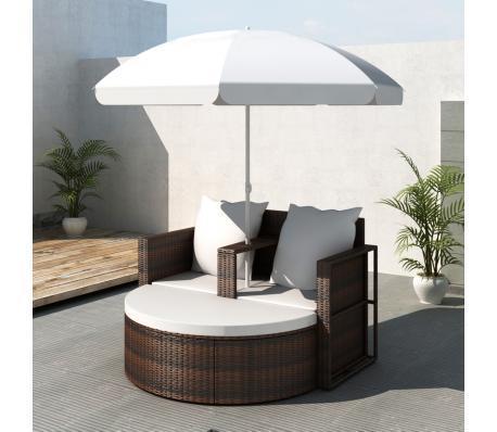 Poly Rattan Loungebed set met parasol (bruin)