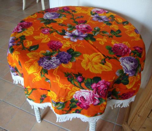 retro vintage rond tafelkleed oranje met rozen bloemen