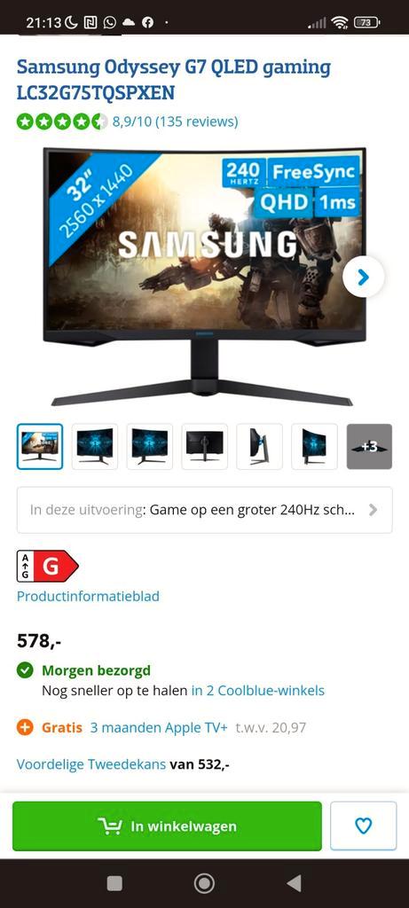 Samsung G7 curved QLED 32 inch monitor. Incl garantie