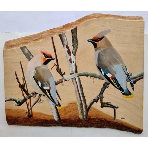 Schilderij pestvogels op hout voor huis of tuin