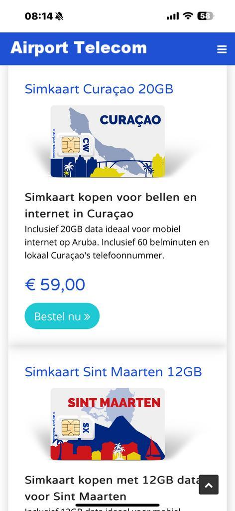 Simkaart voor Curacao