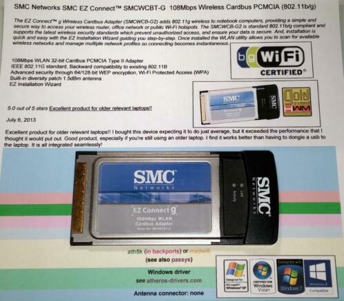 SMC SMCWCBT-G Wireless Wi-Fi 108Mbps Cardbus Adapter PCMCIA 