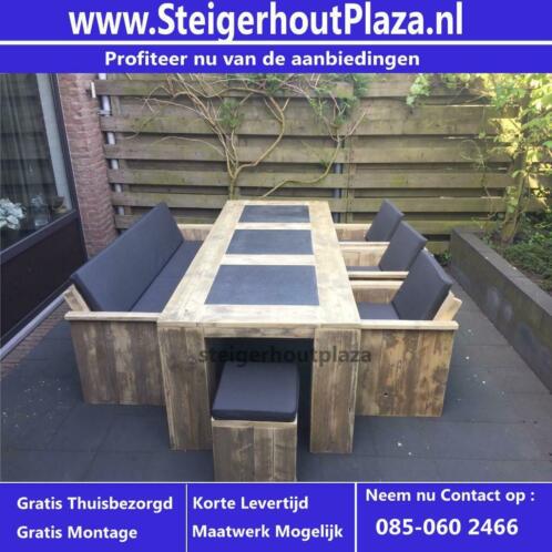 Steigerhouten Tuinset Met Natuursteen StoelenBank ACTIE