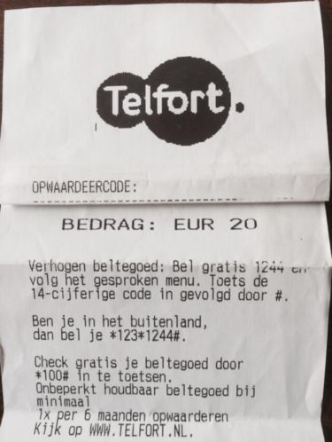 Telfort prepaid opwaardeerkaart 20