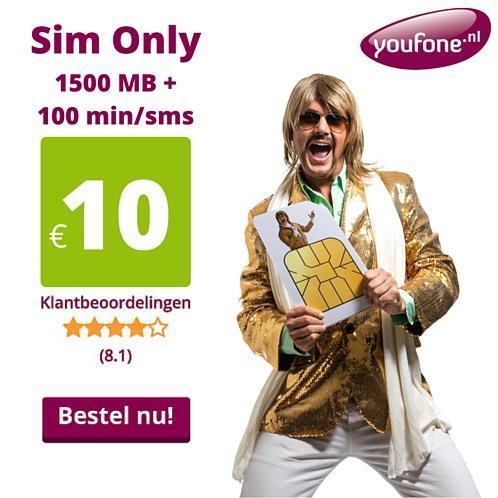 TOPDEAL Youfone Sim Only 1500 MB  100 minsms nu 10,-