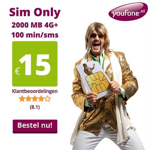 TOPDEAL Youfone Sim Only 2000 MB 4G  100 minsms nu 15,-