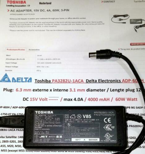 Toshiba PA3282U-1ACA 15V 4A 60W Delta Electronics ADP-60RH B