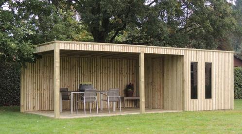 Tuinhuis met overkapping, verticale wanden  compleet geleve