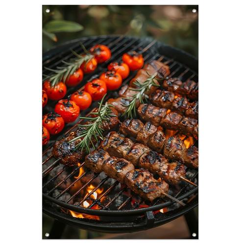 Tuinposter 40x60cm  Gegrild vlees en tomaten op barbecue